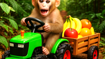Monkey driving tractor in jungle