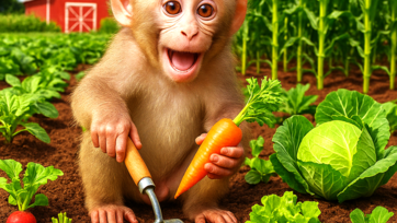 Monkey grows vegetables in the farm